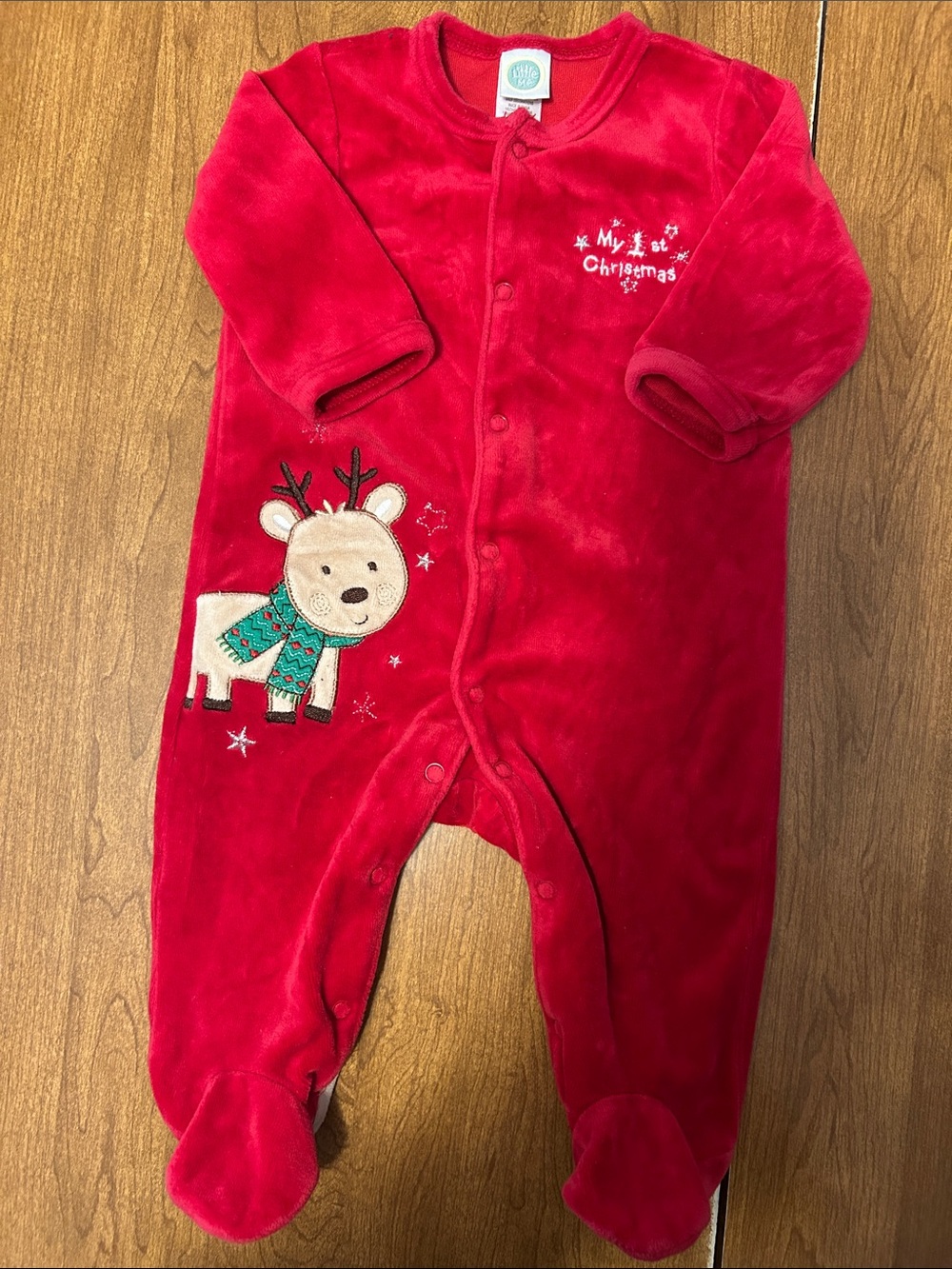 Little Me Red Plush 'My 1st Christmas' Reindeer Footed One-Piece